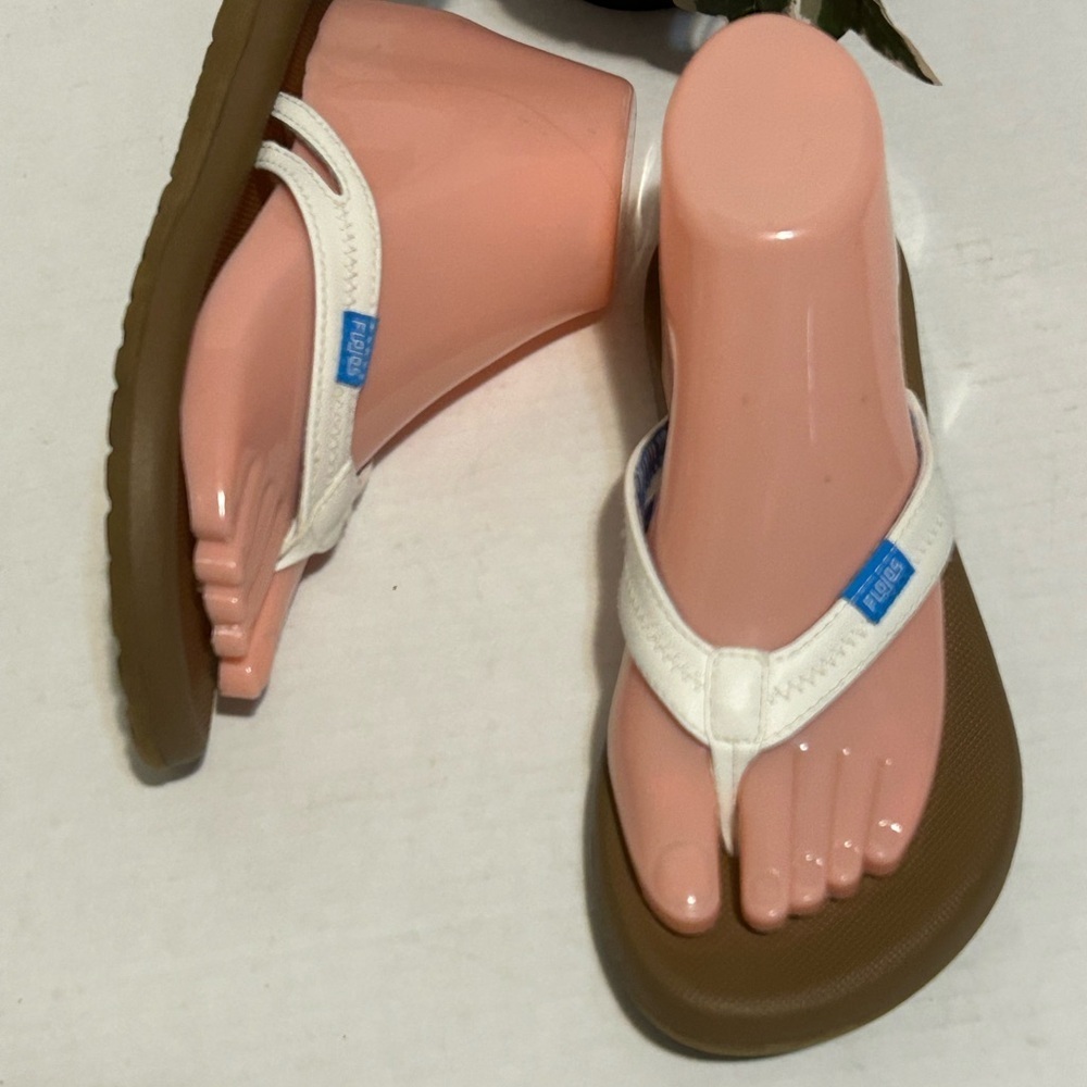 Flojos White and Brown Flip Flops with Blue Accent - Picture 3 of 7